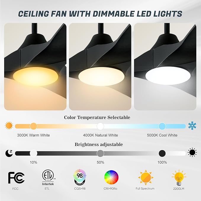 60 inch Black Ceiling Fan with Lights, Outdoor Ceiling Fans for Patios Damp Rated, Large Airflow Smart Propeller Ceiling Fan Modern Wooden Ceiling Fans for Commercial Indoor Exterior House Porch