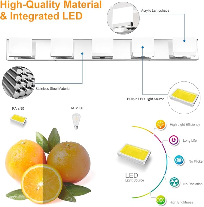 SineRise LED Modern Bathroom Vanity Light Fixtures (5-Light, 40-Inch, 6000K), Chrome Modern Acrylic Bathroom Wall Lighting Fixtures Over Mirror