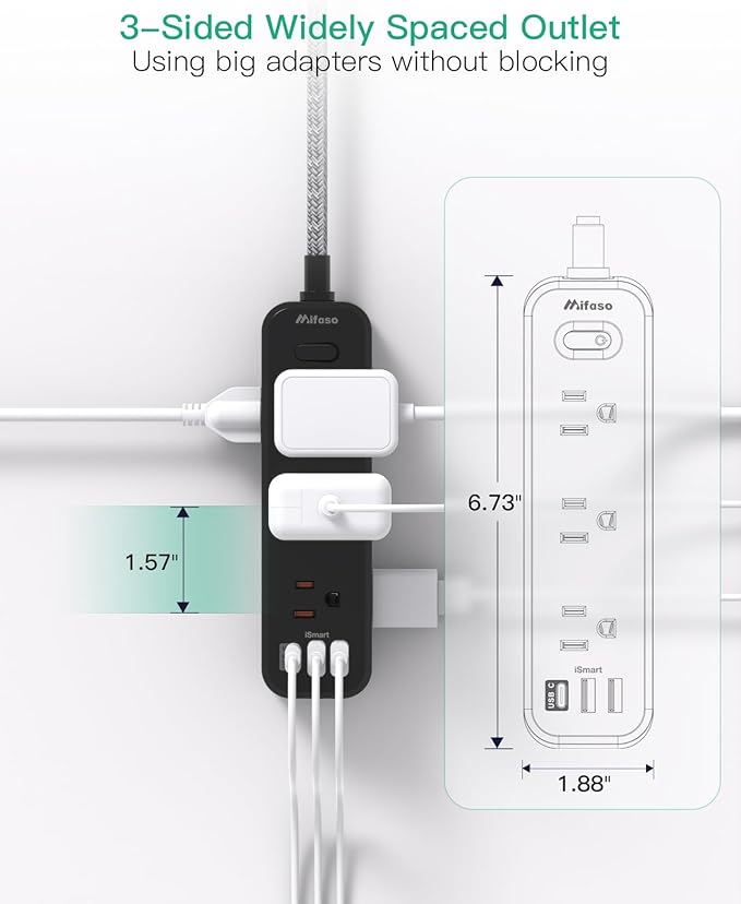 Mifaso Extension Cord, Surge Protector Power Strip, Long Extension Cord with 9 Outlets 3 USB Ports, Extension Cord with Multiple Outlets, USB Power Strip for Dorm Room Essentials, College(5FT,Black)