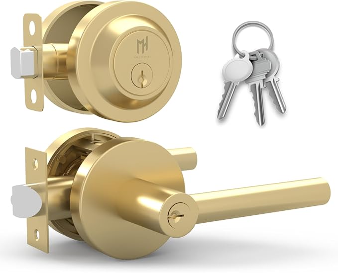 Mega Handles Ronn Entrance Combo, Entry Lever Door Handle and Single Cylinder Deadbolt Lock and Key Combo Pack, Heavy Duty Round Locking Door Levers Set for Left or Right-Handed Doors - Satin Brass