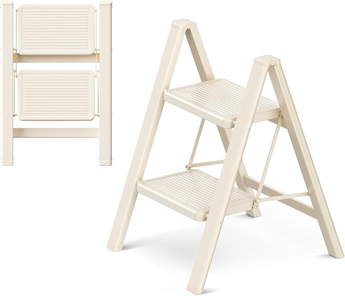 GameGem 2 Step Ladder Folding Step Stool with Wide Anti-Slip Pedal, 330LBS Capacity, Lightweight Portable Stepladder for Home and Kitchen Use, Cream White