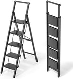 WOA WOA 5 Step Ladder, Foldable Ladder with Wide Pedals and Handle, Sturdy Ladders for Home and Kitchen with Anti-Slip Feet, Supports up to 330 lbs - Black
