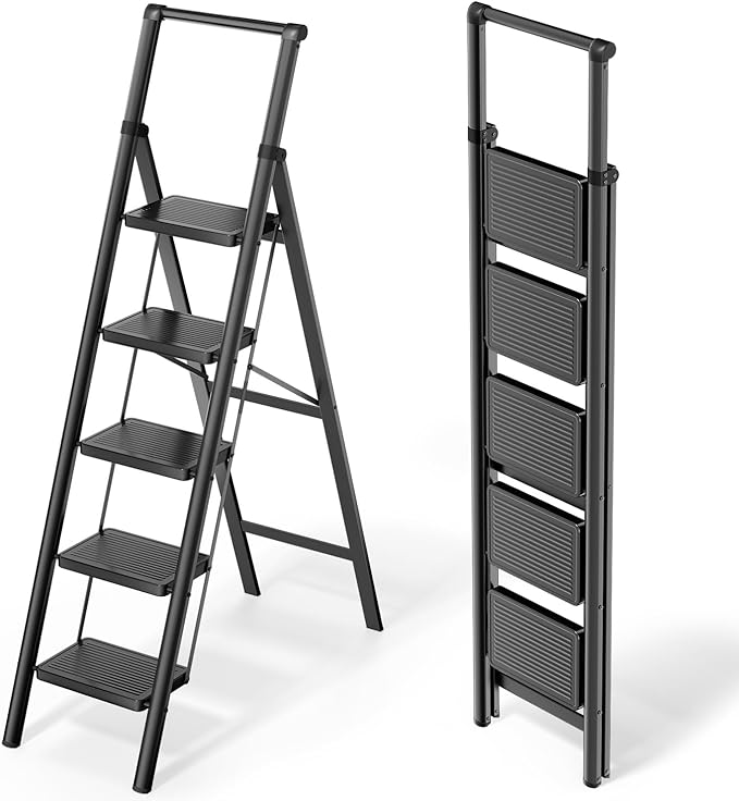 WOA WOA 5 Step Ladder, Foldable Ladder with Wide Pedals and Handle, Sturdy Ladders for Home and Kitchen with Anti-Slip Feet, Supports up to 330 lbs - Black