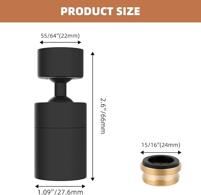 Hibbent Dual-function Female Faucet Aerator, NSF/ANSI/CAN 61 Certified Rotate Kitchen Sink Aerator Sprayer CUPC Certification 360° Swivel Sink Sprayer Attachment-55/64"-27UNS Female Thread-Matte Black