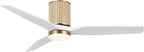 52" Ceiling Fan with Light - Low Profile Flush Mount Ceiling Fan, 6-Speed Remote Control, Solid Wood, Quiet Reversible DC Motor, White/Gold Finish, for Bedroom, Living Room, Porch