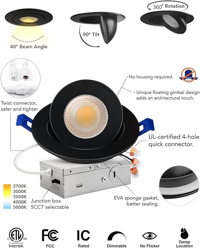Adetu 4 inch 5CCT Gimbal Black Led Recessed Lights, 360°+90° Adjustable Directional Recessed Lighting, 2700K-5000K Dimmable Retrofit Eyeball Can Lights with Jbox, ETL&Energy Star (Black,12 Pack)