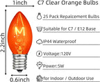 25 Pack Christmas String Light Bulbs, C7 Clear Orange Light Replacement Bulbs for Christmas Lights Indoor, Orange Light Bulb fits E12 Base, 5W Incandescent Bulbs for Christmas Decorations Outdoor