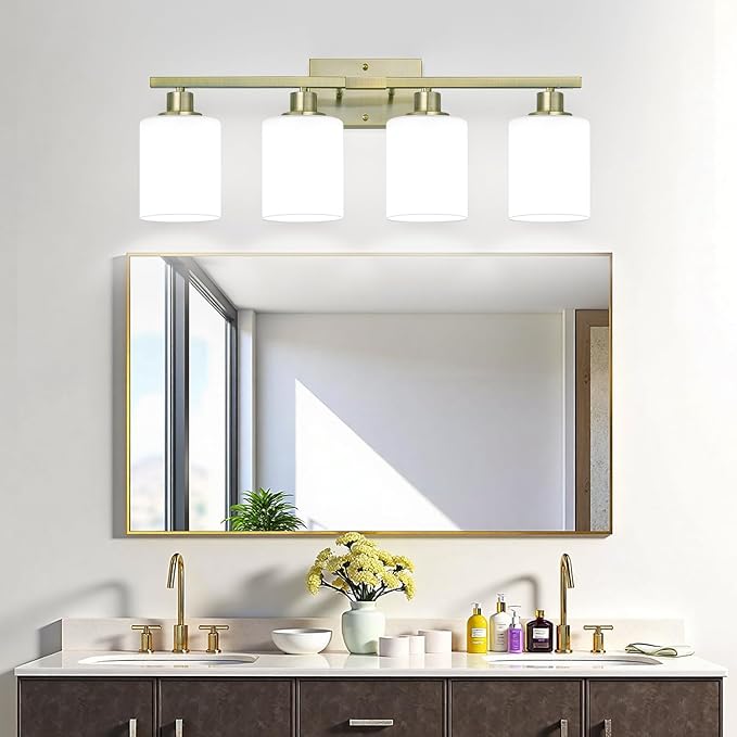 4-Light Bathroom Light Fixtures, Brass Vanity Light with Milky White Shades, Bathroom Lighting Fixtures Over Mirror, Modern Bathroom Wall Lamp for Mirror Living Room Cabinet Bedroom