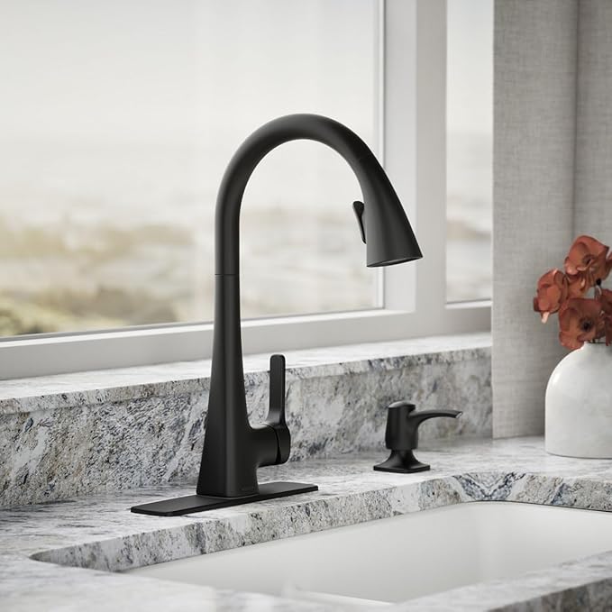 KOHLER R22867-SD-BL Maxton Pull-Down Kitchen Faucet with Soap Dispenser, Pull Down Sprayer, Matte Black