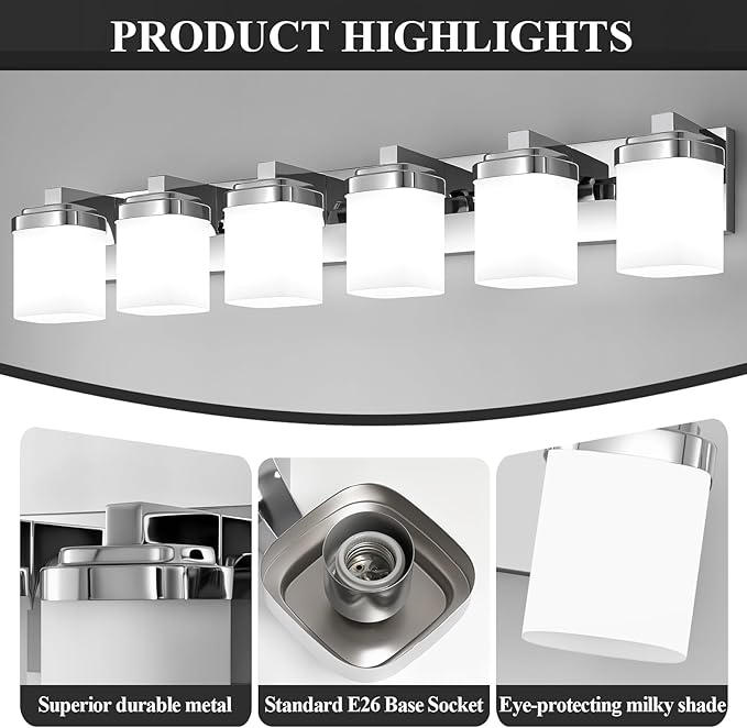 6-Light Bathroom Light Fixtures, Chrome Vanity Lights for Bathroom Mirror Lamp with Milky White Square Glass Shade, E26 Base Modern Wall Sconce Kitchen Light Fixtures Led Vanity
