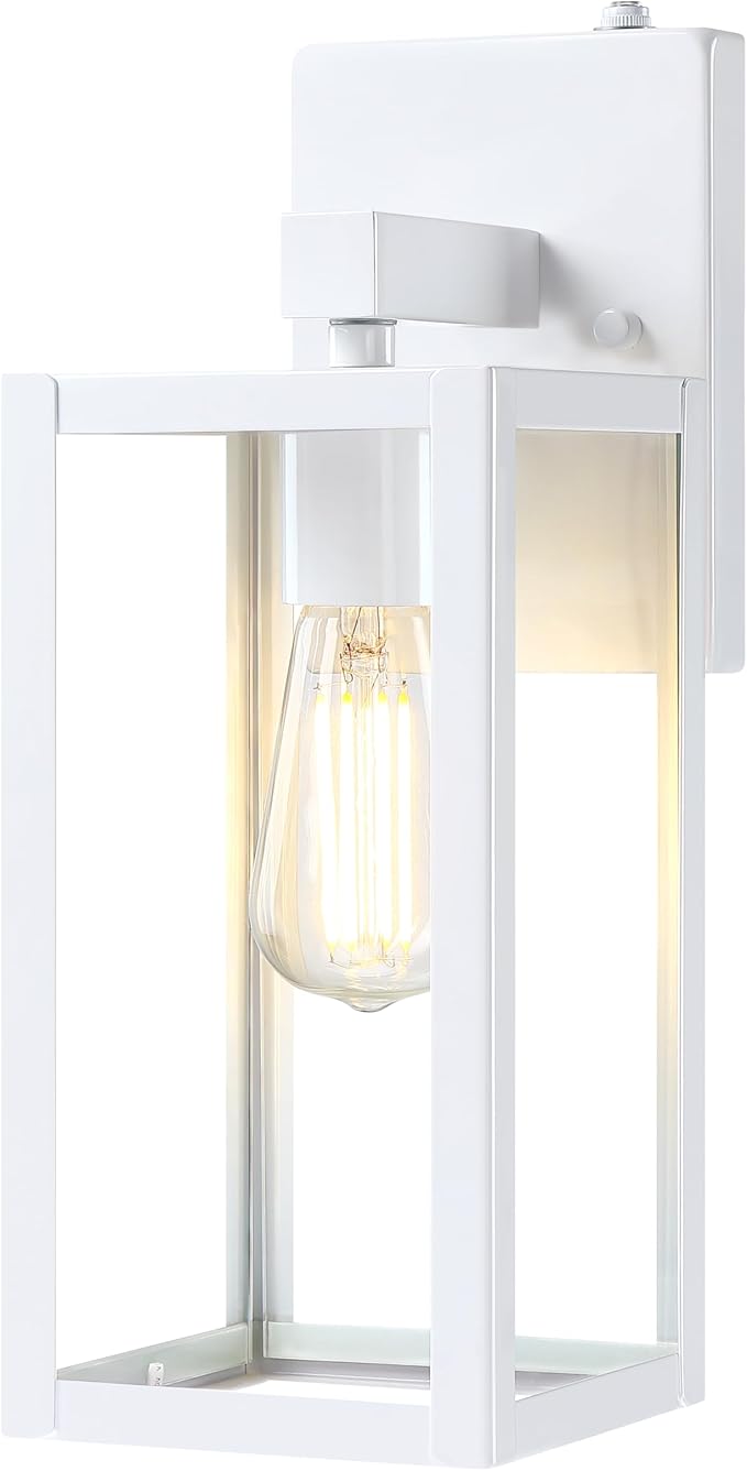 GRUENLICH Dusk to Dawn Large Outdoor Wall Lantern, Wall Sconce as Porch Lighting Fixture, E26 Base Max 60W, Metal Housing with Glass Shade (White, 1-Pack)