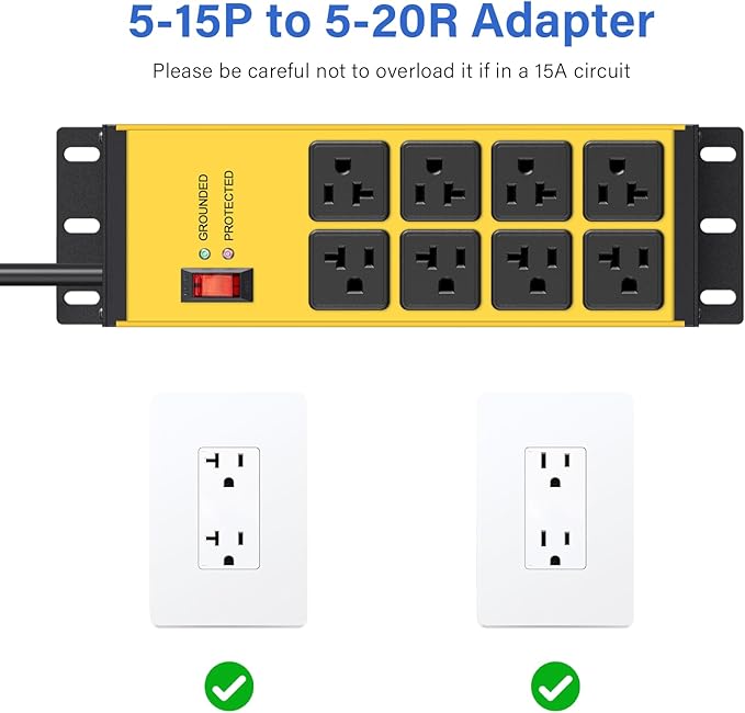 CCCEI Yellow Heavy Duty Power Strip Surge Protector 20 AMP, 8 Outlets 12 Gauge Industrial Shop Garage Metal Multiple Outlets, 10FT Extension Cord 5-15P Adapter High Amp 6-20R T-Slot 20a for Appliance