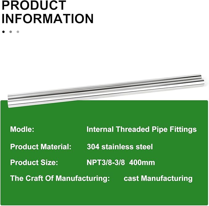 TAISHER 2PCS Stainless Steel Pipe Fittings, 3/8" NPT Female x 3/8" NPT Female Threaded, 16" Length Nipple Cast Pipe
