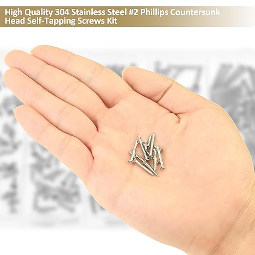 242 Pieces #2 x 1/4" 3/8" 1/2" 5/8" 3/4" Phillips Countersunk Head Self-Tapping Screws, Wood Screws Assortment Kit, 304 Stainless Steel