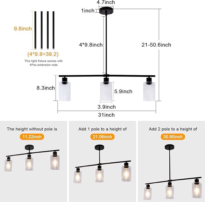 Black Kitchen Island Lighting 3-Light Modern Pendant Light Fixture with Glass Shades Rustic Farmhouse Chandelier Hanging Light Fixtures for Kitchen Island Living Dining Room Bedroom Foyer