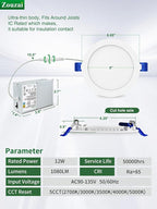 zouzai 1 Pack 6 Inch 5CCT Ultra-Thin LED Recessed Ceiling Light with Junction Box, 2700K/3000K/3500K/4000K/5000K Selectable, 12W Eqv 110W,Dimmable, led can Lights- ETL and Energy Star Certified