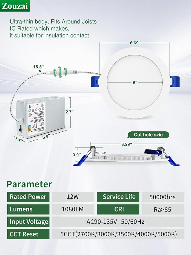 zouzai 6 Inch 5CCT Ultra-Thin LED Recessed Ceiling Light with Junction Box, 2700K/3000K/3500K/4000K/5000K Selectable, 12W Eqv 110W,Dimmable, led can Lights- ETL and Energy Star Certified【 6 Pack 】