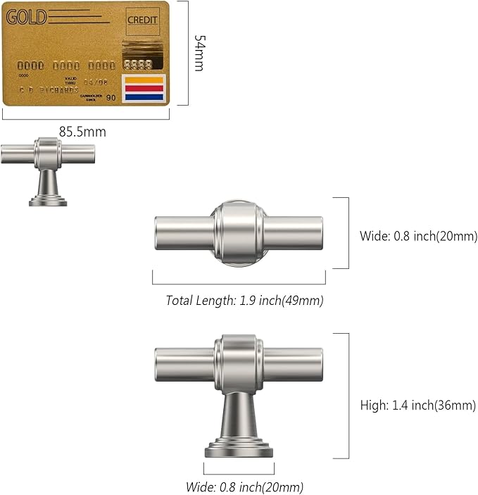 Amerdeco 10 Pack Brushed Satin Nickel Cabinet Knobs 1.46 Inch(37mm) Single Hole Cabinet Handles Rectangle Dresser Knobs Drawer Knobs and Pulls for Bathroom Cabinets ZH0069