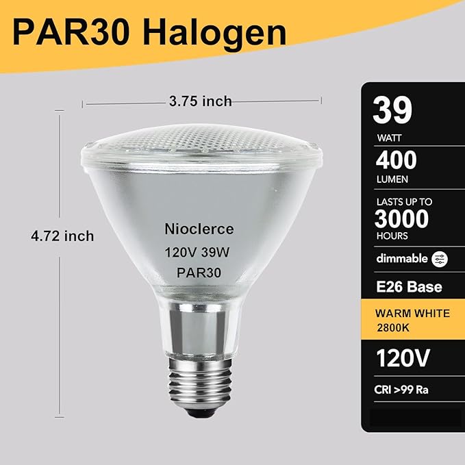 Halogen PAR30 Long Neck 39W 120V 400LM, 6 Pack High Output Halogen PAR30 Dimmable 2800K Warm White, E26 Long Lifespan Long Neck Flood Light Bulb with CRI100 for Recessed, Tracking Lighting