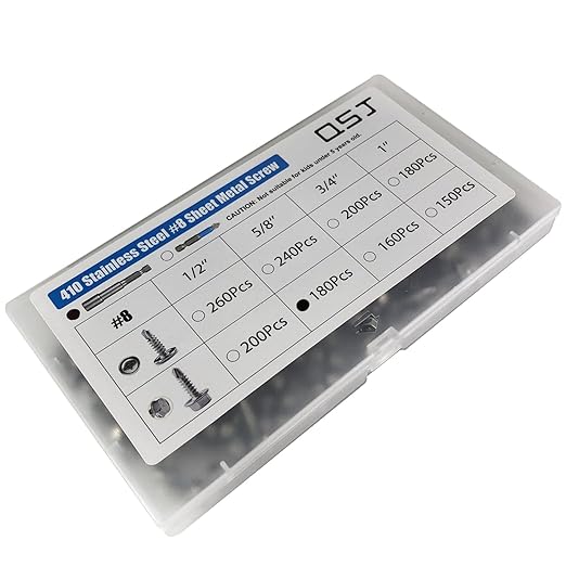 QSJ 180 PCS #8 x 5/8'' Sheet Metal Screws 410 Stainless Steel Hex Washer Head Fast Self Tapping Screws with Screwdriver