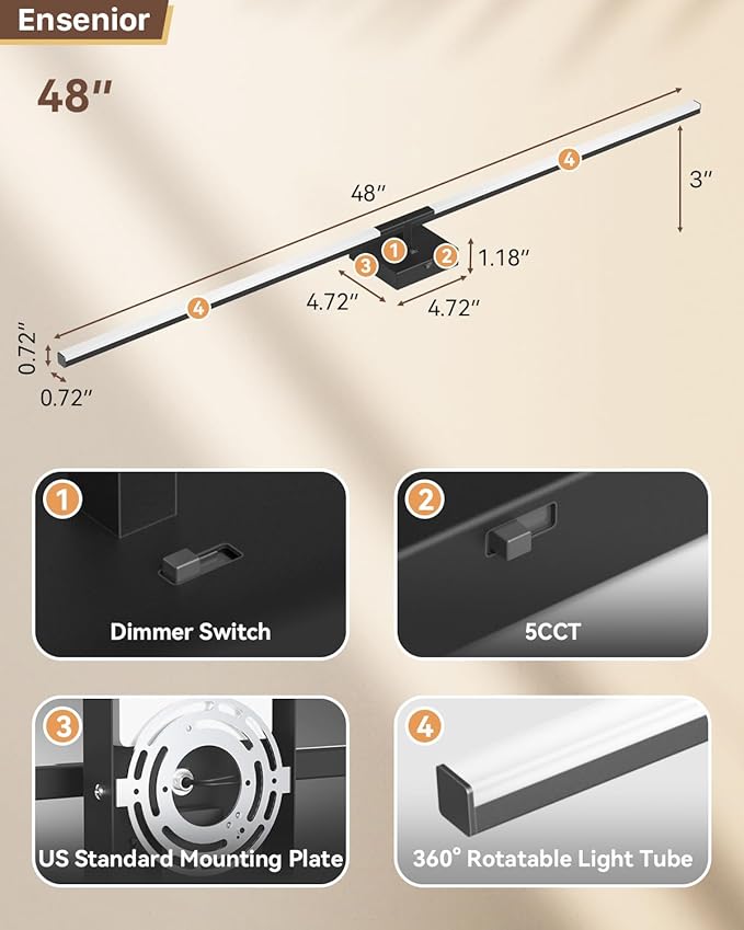 Ensenior Modern Bathroom Vanity Light 48 inch, Built-in Dimmer, 28W Dimmable 5CCT Led Bath Lights, Black Bar Vanity Lights for Bathroom Mirror Cabinets Bedroom-FCC Certificated