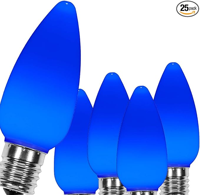 25-Pack OptiCore LED C9 Blue Light Bulbs - Vintage Christmas Light Replacement Bulbs, Smooth Vintage Ceramic Style, E17 Base (Smooth)