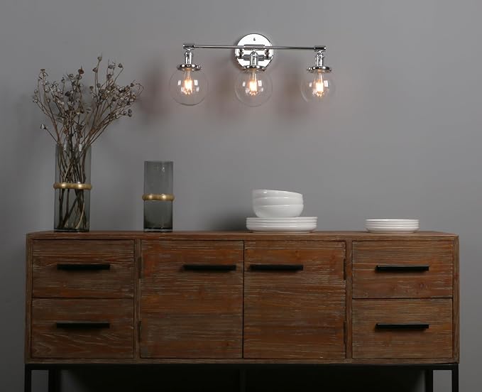 Phansthy 3-Light Wall Sconces Antique Brass Vanity Light, Industrial Wall Lamps with On Off Switch and Clear Glass Lampshade, Vintage Wall Lighting for Bathroom Living Room (Chrome, Globe Shade)