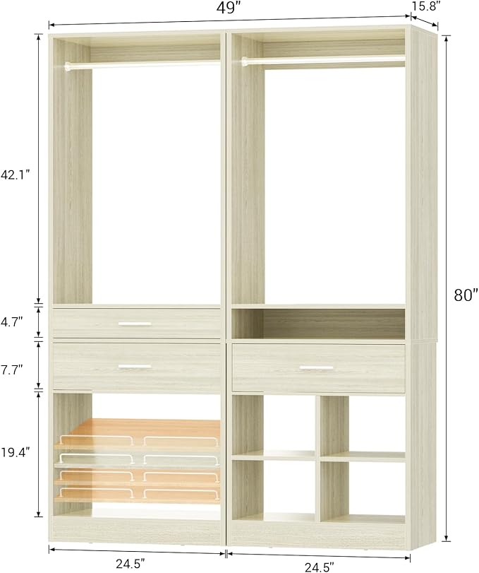 Unikito 50” W x 80'' H Closet Organizer Storage System with 2 Hanging Rod and 2 Wooden Drawers, Adjustable Shoes Rack, 4 Cubby Storage, Walk-in Closet Tower for Bedroom, Mudroom, Entryway, White Oak