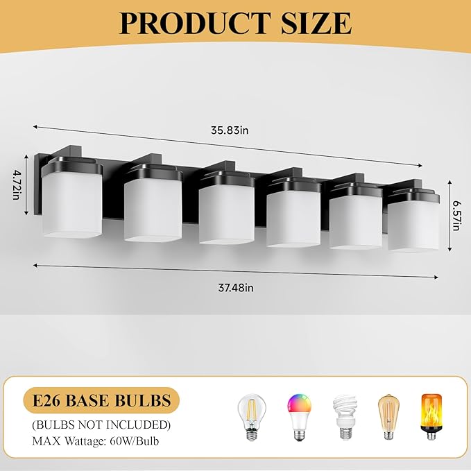 6-Light Black Bathroom Light Fixtures, E26 Base Vanity Lights for Bathroom Mirror Lamp with Milky White Square Glass Shade, Modern Wall Sconce Light Kitchen Light Fixtures Led Vanity