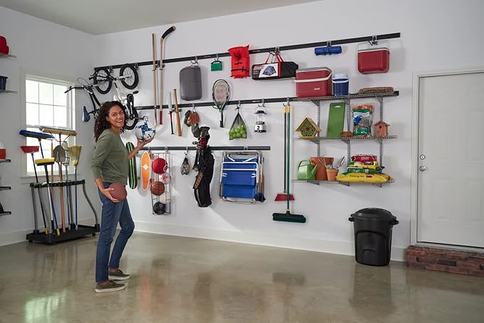 Rubbermaid 24-Piece FastTrack Garage Wall-Mounted Storage Kit, 6 Rails and 18 Hooks, Black, for Home/House/Tool/Sports/Equipment/Utility Purposes