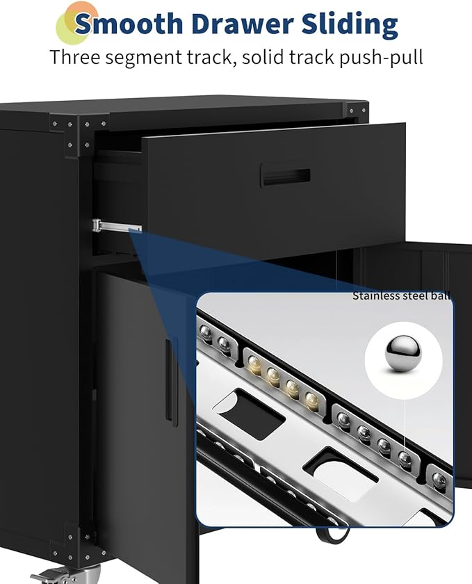 GarveeHome Rolling Tool Cabinet with Drawer | Heavy Duty Metal Garage Storage with Adjustable Shelf & Locks | Rust Resistant Wheels for Warehouse Workshop, Black