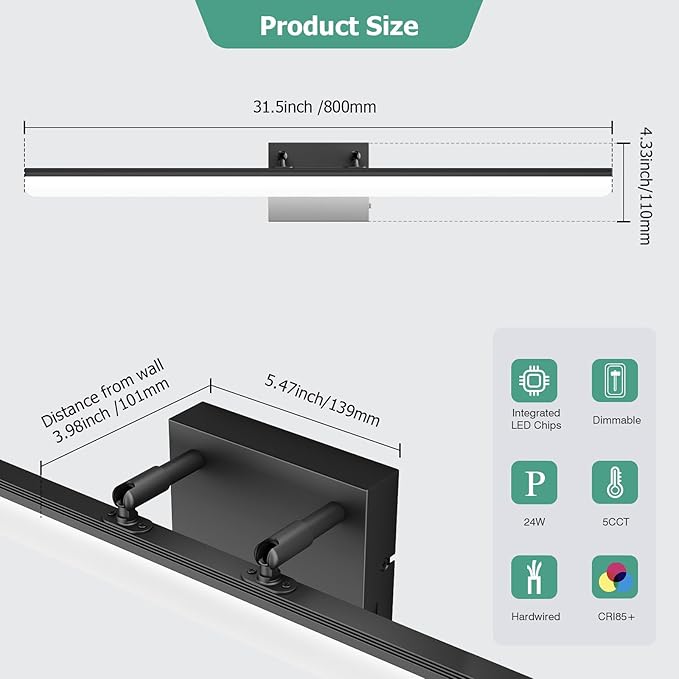 Black Vanity Light 31.5" Long 24W LED Bathroom Light Bar with 5CCT Adjustable Modern Bathroom Vanity Light Fixture for Mirror, Powder Room, Bedroom, Apartment, Hotel