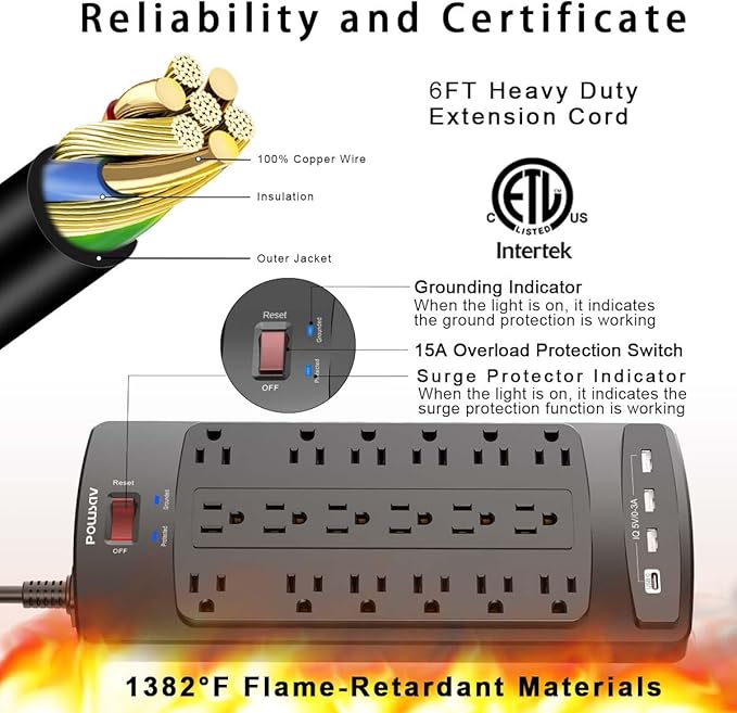 18 Outlets Surge Protector Power Strip - 6 Feet Flat Plug Heavy Duty Extension Cord with 18 Widely Outlets and 4 USB Ports, 2100 Joules, Black, ETL Listed