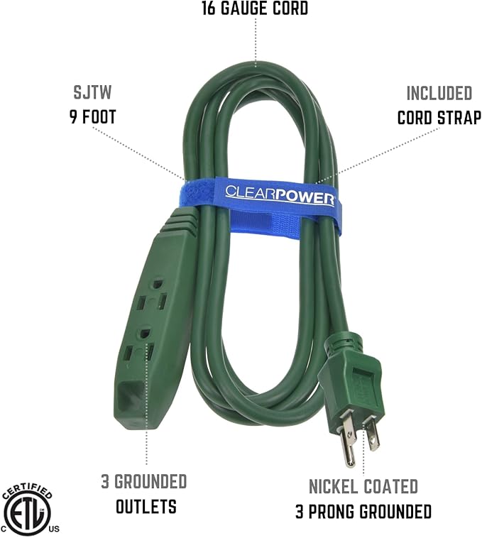 Clear Power Outdoor Extension Cord - 9 FT, Green | Lawn & Garden, 16/3 SJTW, 3-Outlet, Water & Weather Resistant, Flame Retardant, 3 Prong Grounded Plug, Perfect for Christmas and Holiday (CP10140)