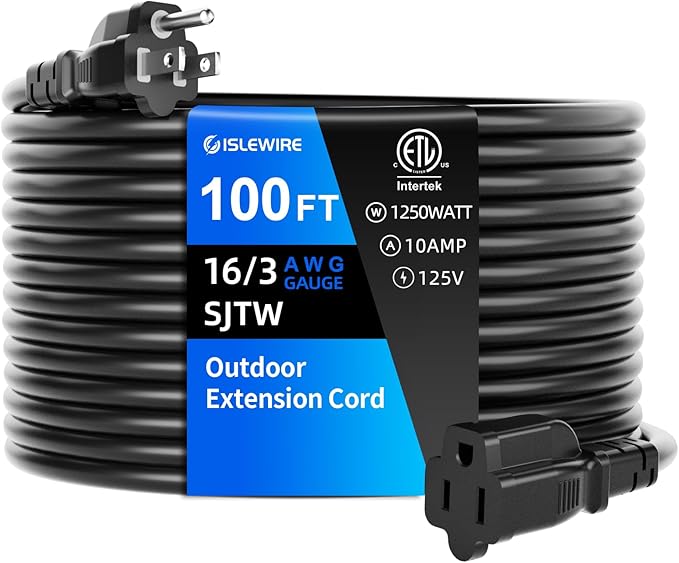 100 FT Outdoor Extension Cord Waterproof, Black, 3-Prong Power Cord, 16 AWG SJTW, 10A 1250W, Grounded, General Purpose Long Extension Cord for Lawn & Garden, ETL Listed