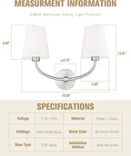 Emak 2-Light Bathroom Light Fixtures, Modern Brushed Nickle Vanity Light with Fabric Shade, Wall Sconces for Bathroom, Living Room, Bedroom, VL116-BN-2
