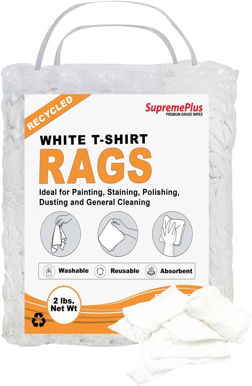 Recycled White T-Shirt Cleaning Rags (2 lbs. Bag) – Shop Rags Bulk for Oil, Stain, Grease, Paint, and Auto Cleaning, Multipurpose