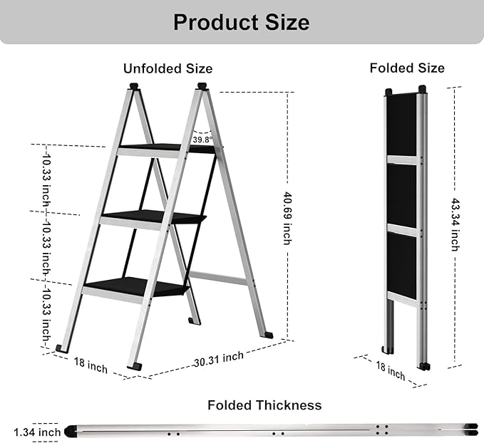 3 Step Ladder,Aluminum Ultra Thin Folding Step Stool,400 Lbs Capacity with Anti-Slip Sturdy and Wide Pedal,Closet Step Ladder for Home,Kitchen and Office,Space Saving (Silvery White, 3-Step)