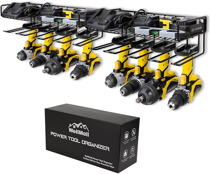 Heavy Duty Tool Organizer, 16" W x 7.48" H x 5.51" D, 4 Wall Mount Anchors, 3.95" Between Slots, Sturdy Steel Construction, Ideal for Power Tools (2 Pack)