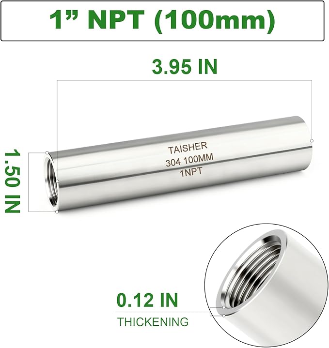 TAISHER 2PCS Stainless Steel Pipe Fittings, 1" NPT Female x 1" NPT Female Threaded, 4" Length Thickened Nipple Cast Pipe