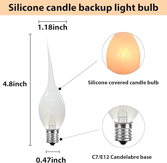 Christmas Lights Indoor 12 Pack C7 Silicone Dipped Candle Light Bulbs, Clear Silicone Decorative Light Replacement Bulbs for Electric Candle Lamps and Chandelier, E12 Candelabra Base, 5Watt, 120 Volt