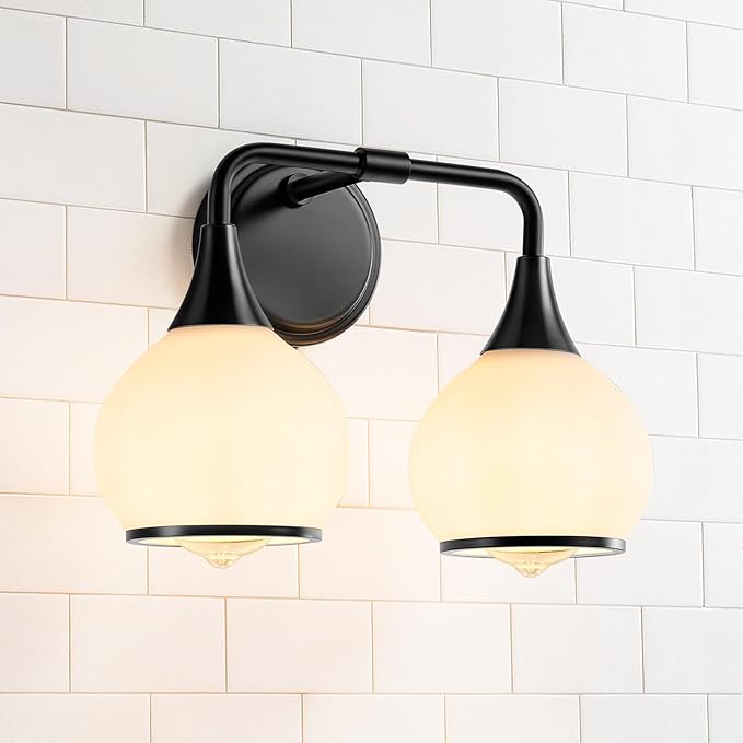 Black Bathroom Light Fixtures 2 Lights Vanity Lights with Milky White Frosted Glass Shade Bathroom Vanity Light 14 inch Wall Sconce Lighting Bath(Exclude E26 Bulb)