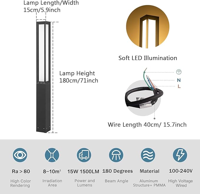 High 71 Inches Landscape Path Light, Outdoor Modern Luxury LED IP54 Waterproof Landscape Bollard Lighting for Lawn Patio Courtyard Driveway Pathway Decoration with High Voltage Wired