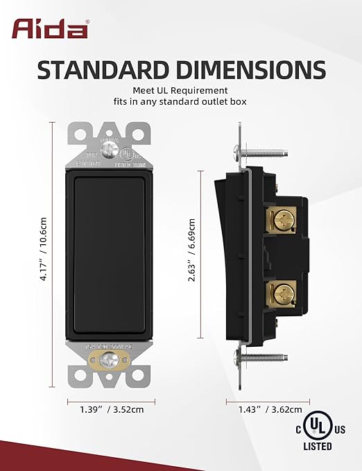 AIDA Matte Black Single Pole Decorator Light Switch, 15Amp, 120/277V, Decorative Paddle Rocker Switch Replacement, Electrical Wall Switch,Residential/Commercial Grade, UL/CUL (10 Pack)