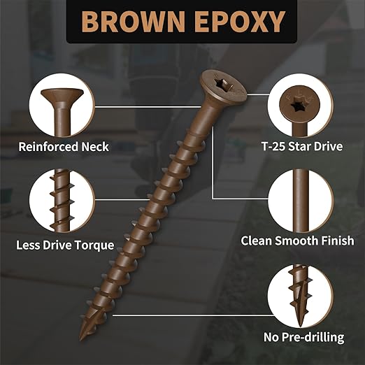 Wood Screws 2-1/2 Inch, FIXLINK Deck Screws #10 x 2-1/2", 105 PCS, Epoxy Coated, T25 Star Bit Above 1500 Hour Salt Spray Coating Outdoor Decking Screws Excellent Rust Resistant for Wood Fence, Brown