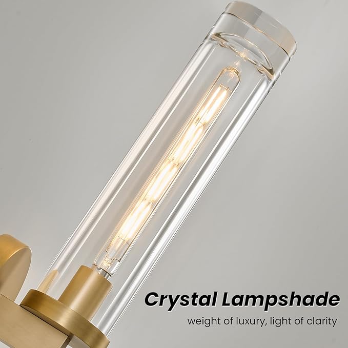 Modern Crystal Brass Gold Sconce: 14.5” Vintage Bathroom Sconce With Bulb - Clear Crystal Glass Tube Hardwired Mirror Vanity Light- Luxury Antique Indoor Brushed Gold Wall Lamp for Bedroom Living Room