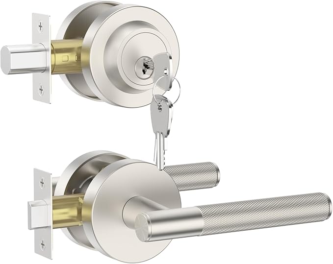 Asidrama Premium Satin Nickel Zinc-Alloy Front Door Lock Set: Double Cylinder Deadbolt, Heavy Duty Security Handleset for Left/Right Exterior Doors, Universal Entry Locks (2 Pack)