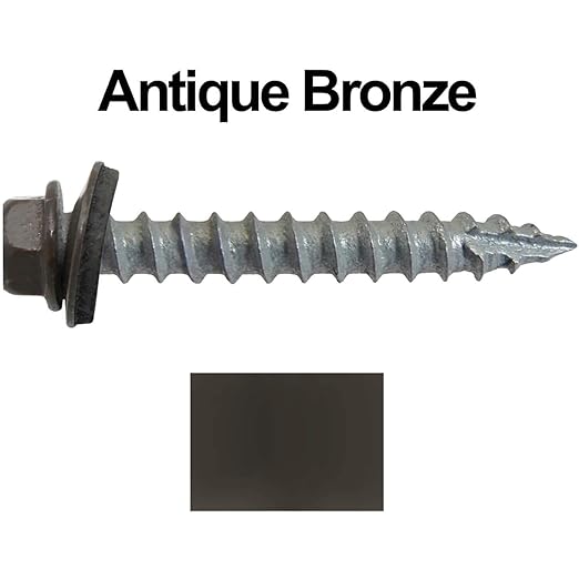 #14 Metal ROOFING SCREWS(250) Screws x 1-1/2" ANTIQUE BRONZE Hex Washer Head Sheet Metal Roof Screw. Self starting/self tapping metal to wood-EPDM washer-Colored head. for corrugated roofing