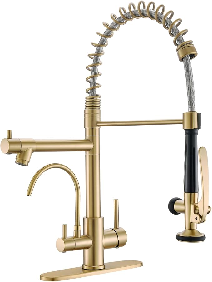 Fapully Brushed Gold Commercial Kitchen Faucet with Pull Down Sprayer and Water Filter,3 in 1 Kitchen Faucets with Drinking Water Faucet