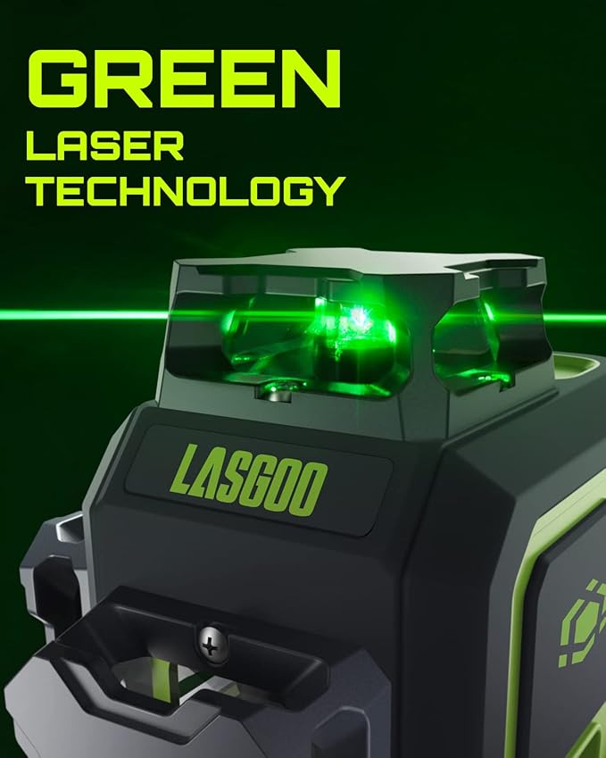 LasGoo LG-3DM Green Beam Laser Level, Self-Leveling 3x360° Cross Line Laser for Construction and Picture Hanging, 5200mAh Built-in Rechargeable Battery, Type-C Cable, Magnetic Rotating Stand Included